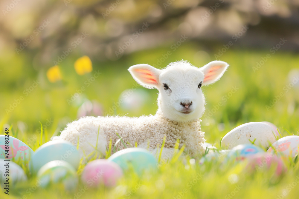 Fototapeta premium little lamb of god lies on green grass among colorful eggs for easter, generative AI