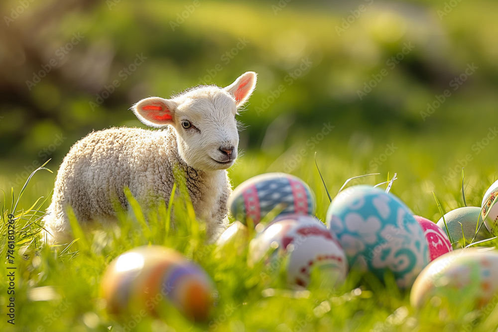 little lamb of god lies on green grass among colorful eggs for easter, generative AI little lamb of god lies on green grass among colorful eggs for easter, generative AI
