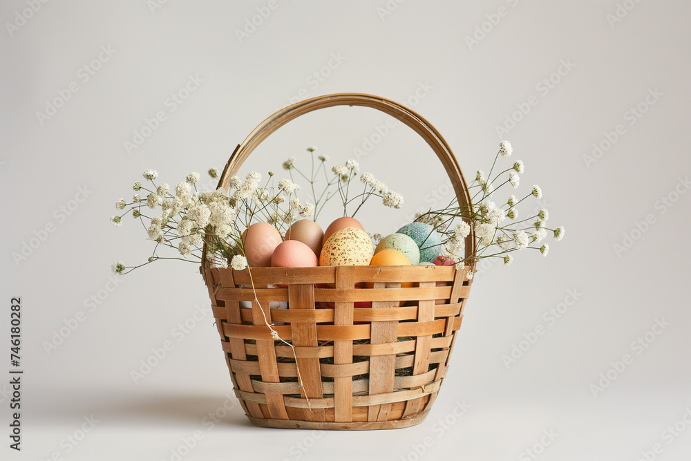 colorful easter eggs in a wicker basket for an easter postcard, generative AI