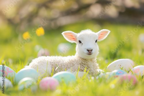 little lamb of god lies on green grass among colorful eggs for easter, generative AI photo