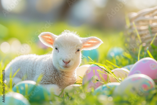 little lamb of god lies on green grass among colorful eggs for easter, generative AI