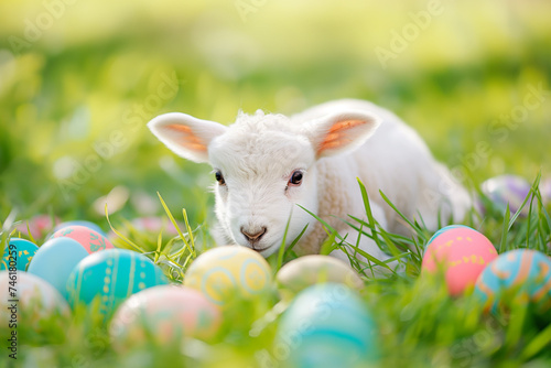 little lamb of god lies on green grass among colorful eggs for easter, generative AI