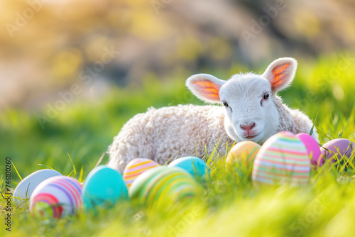 little lamb of god lies on green grass among colorful eggs for easter, generative AI