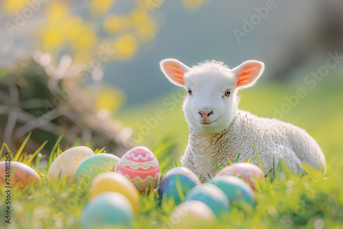 little lamb of god lies on green grass among colorful eggs for easter, generative AI