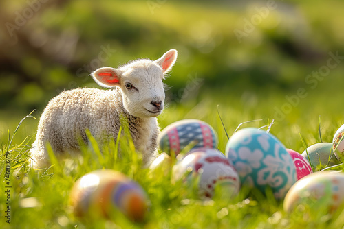little lamb of god lies on green grass among colorful eggs for easter, generative AI