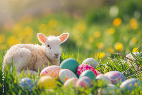 little lamb of god lies on green grass among colorful eggs for easter, generative AI