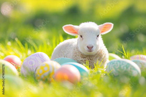 little lamb of god lies on green grass among colorful eggs for easter, generative AI