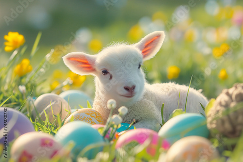 little lamb of god lies on green grass among colorful eggs for easter, generative AI