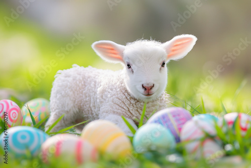 little lamb of god lies on green grass among colorful eggs for easter, generative AI