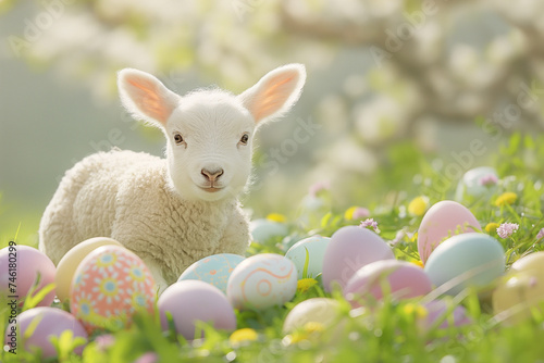 little lamb of god lies on green grass among colorful eggs for easter, generative AI
