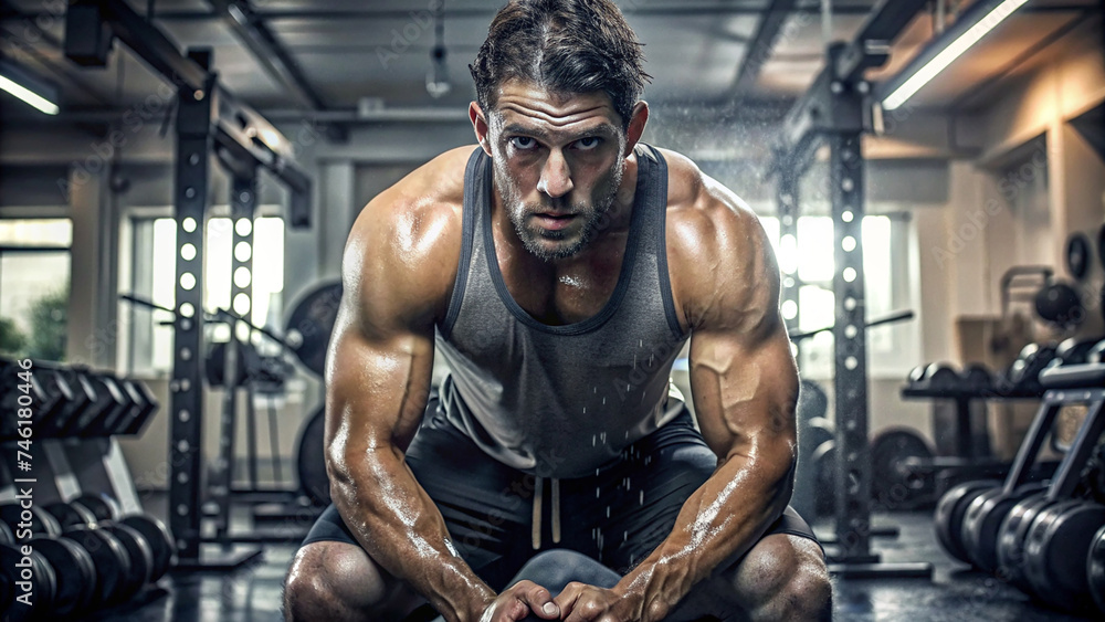 Muscular Strength: Powerful Man Sitting in the Gym, Gazing Forward