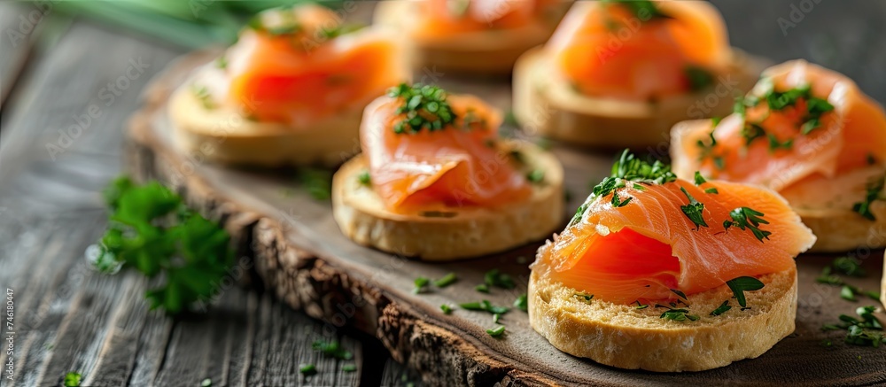 A gluten-free canape featuring homemade smoked salmon and parsley arranged on a rustic wooden tray, served with crackers. A gluten-free canape featuring homemade smoked salmon and parsley arranged on a rustic wooden tray, served with crackers.