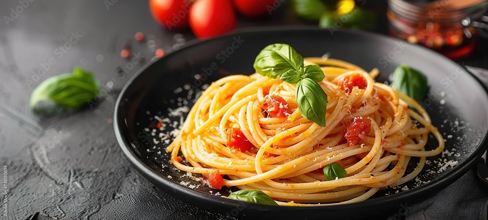 Tasty appetizing classic italian spaghetti pasta with tomato sauce, cheese parmesan and basil Tasty appetizing classic italian spaghetti pasta with tomato sauce, cheese parmesan and basil