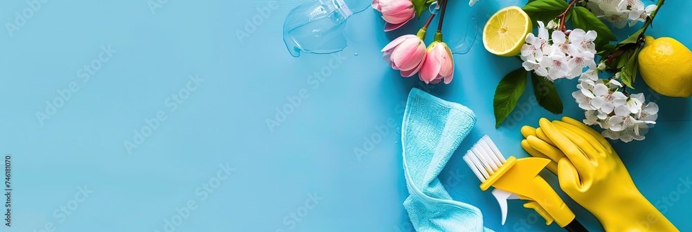 Spring cleaning concept with cleaning supplies and blooming plants - obrazy, fototapety, plakaty 