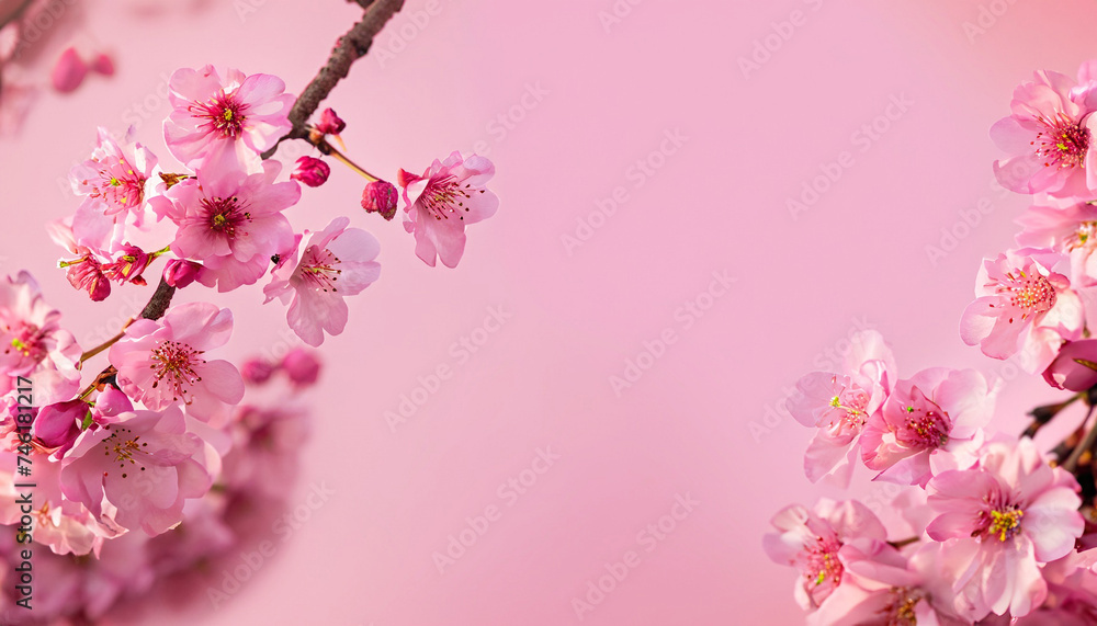 Japanese cherry blossoms in pink against pink Background, banner