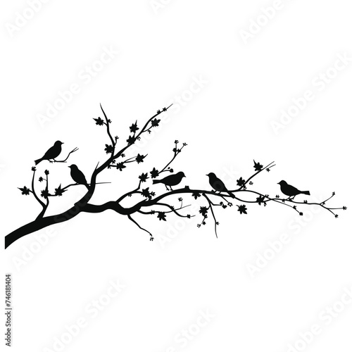 A set of silhouettes of a graceful tree blooming flowers with birds. 