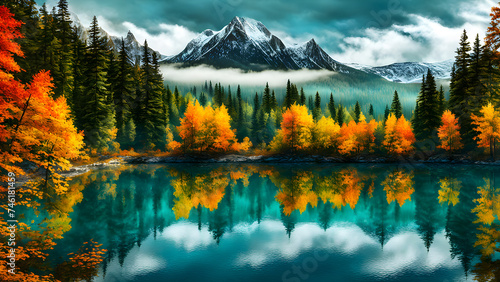 Autumn scenery of lakes and mountains  yellow leaves reflected in the lake  and spectacular snow-capped mountains in the distance 