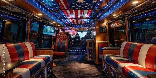 Election campaign bus - tour bus with patriotic american flag design for presidential  or congressional candidate to travel the country and canvas for votes in the election. photo