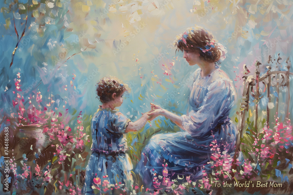 Classic oil painting, Mother and child in a spring garden, To the World's Best Mom