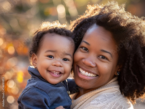 Closeup portrait of black mom holding her toddler baby son. Smiling at camera.