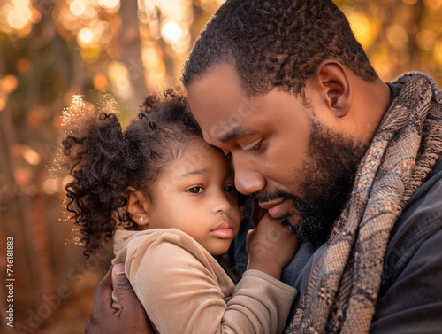 Closeup portrait of black dad hugging and comforting his sad young daughter.