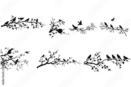 A set of silhouettes of a graceful tree blooming flowers with birds. 