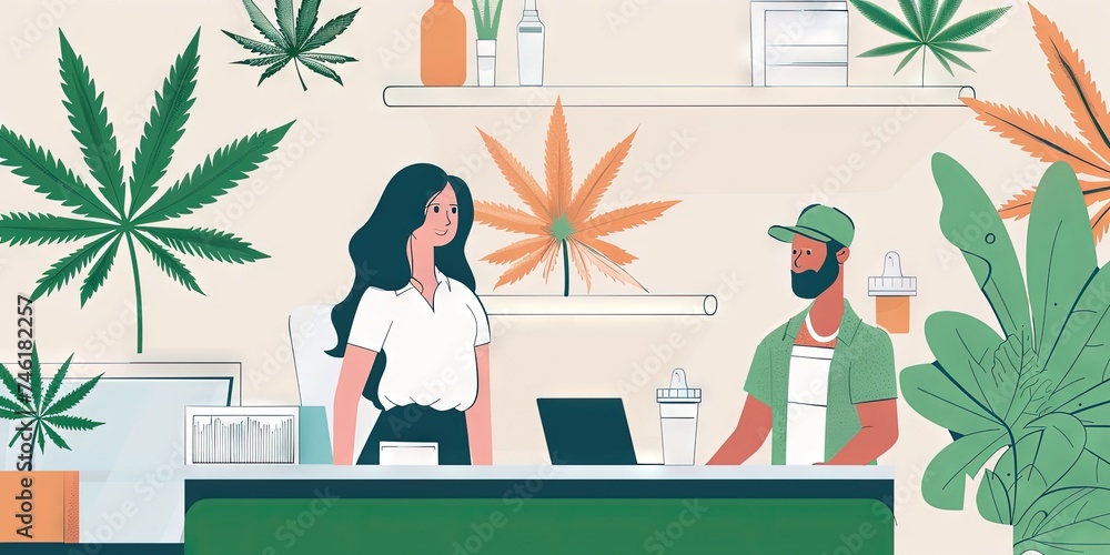 medical marijuana concept - woman purchasing medicine from a dispensary. cannabis for herbal therapeutic uses medical marijuana concept - woman purchasing medicine from a dispensary. cannabis for herbal therapeutic uses