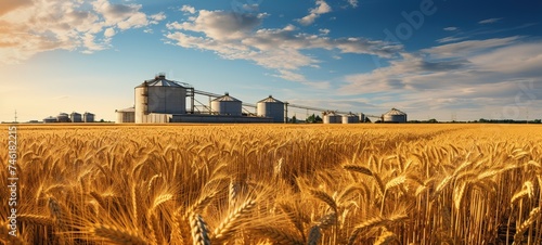 grain elevator in front of wheatfield. flour or oil mill plant silos containers.
