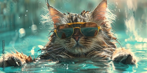 cat wearing sunglasses in swimming pool floating in the summer water