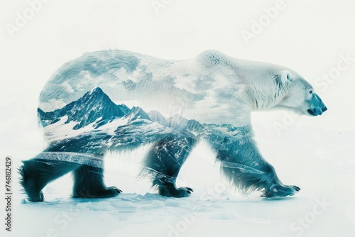 A polar bear blended with the icy landscape of the Arctic in a double exposure