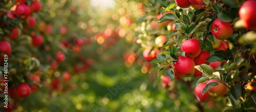 A photo displaying a tree laden with a bunch of vibrant red apples. The apples are hanging from the branches of the lush tree in a plantation.
