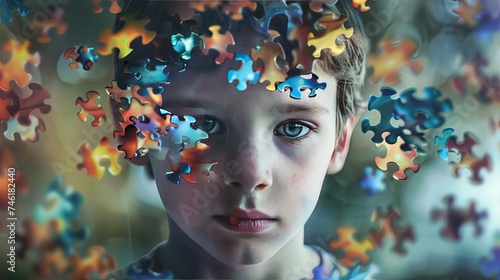 Autism spectrum concept. Young child with colorful puzzle pieces for neurodiversity 