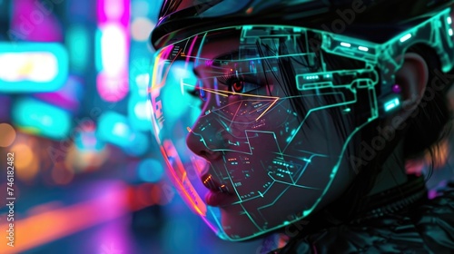 A holographic portrait of a streetwise courier with a cybernetic eye and neonlit bike helmet representing the fastpaced and hightech photo