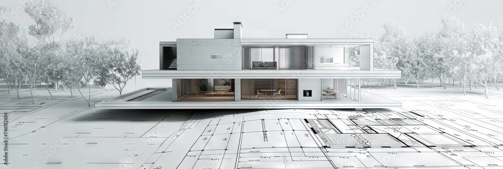 custom made wallpaper toronto digital3D model home on top of architecture blueprints - new house construction and design