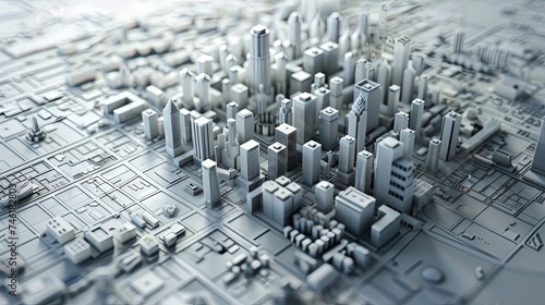 Cityscape 3D model on top of architectural blueprints, Engineering schematics and civic design concept photo