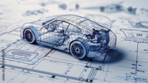 Automobile 3D model on top of engineering schematics - automotive manufacturing and design concept photo