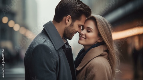 Romantic Couple Embracing on Rainy City Street, Intimate Moment © Qstock