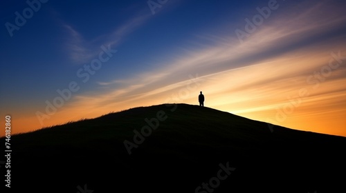 Contemplative Person Silhouetted Against Vibrant Sunset on Hillside Horizon