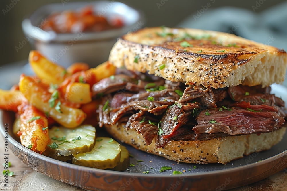 Delicious pastrami sandwich made with wholegrain bread with fresh salad and pickle Delicious pastrami sandwich made with wholegrain bread with fresh salad and pickle