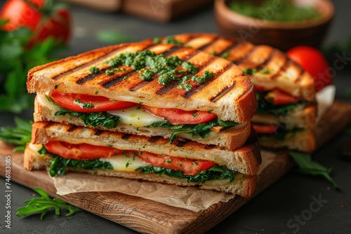 Italian Caprese sandwiches with fresh tomatoes, mozzarella cheese and basil