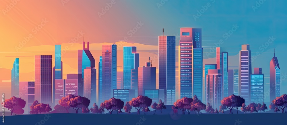 A detailed painting showcasing a modern cityscape filled with towering skyscrapers and bustling streets. The artwork captures the essence of a thriving urban environment centered around business