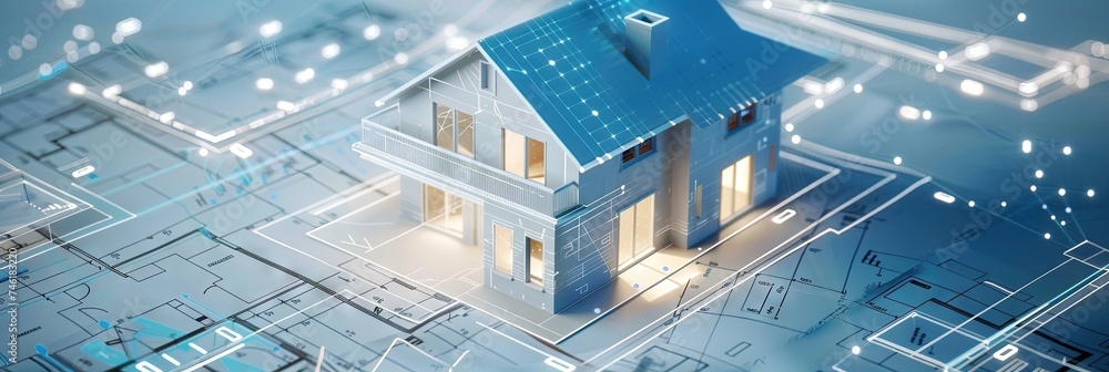 House made of digital data on architectural blueprints House made of digital data on architectural blueprints