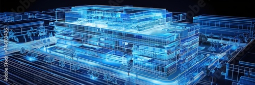 Corporate headquarters office building hologram made of digital wireframe data on architecture blueprints photo