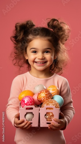studio shot of cute little girl holding basket with easter eggs on pink background .