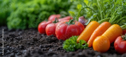 Organic vegetables background. Harvest of fresh raw carrot, beetroot, tomatoes and potatoes