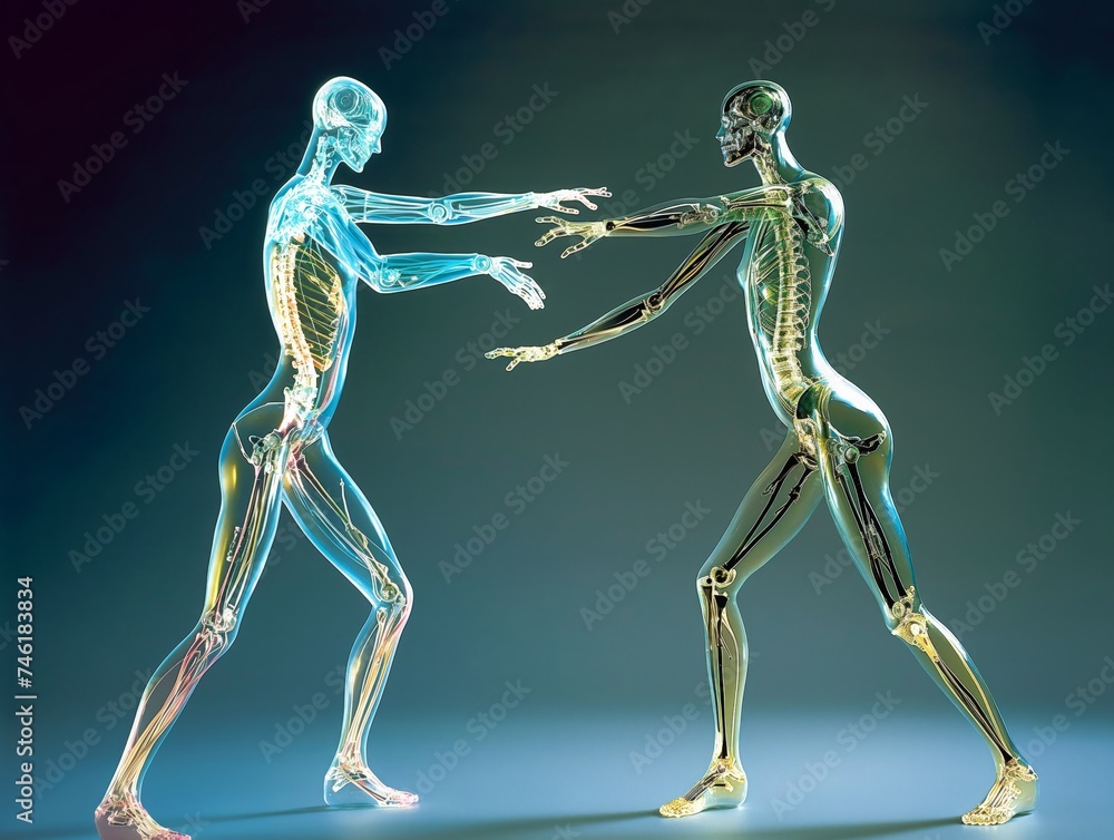Interaction between two humans - men - as imagined with X-ray vision. Not anatomically accurate.