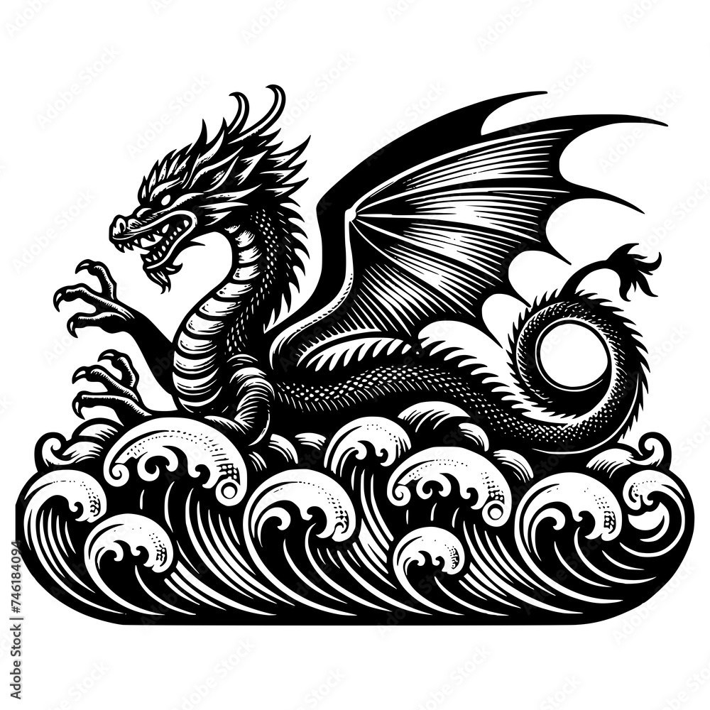 hand drawn art style dragon in sea and wave t-shirt design vector illustration