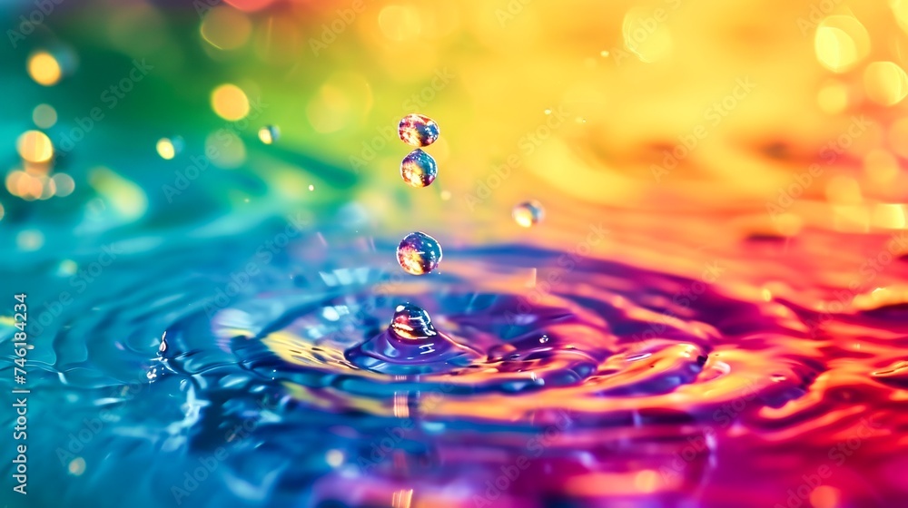  A drop of water creates ripples in a rainbow puddle.Ideal for artistic performances, science education or tranquil settings.