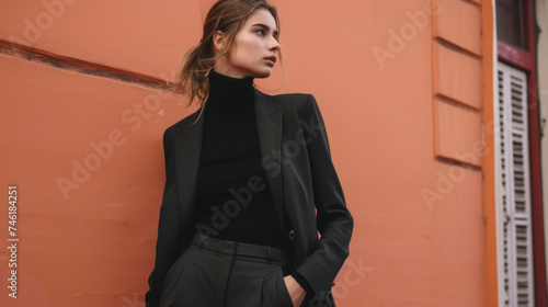 An allblack outfit consisting of a turtleneck sweater highwaisted trousers and a tailored blazer creating a sleek and sophisticated look for a night out on the town.