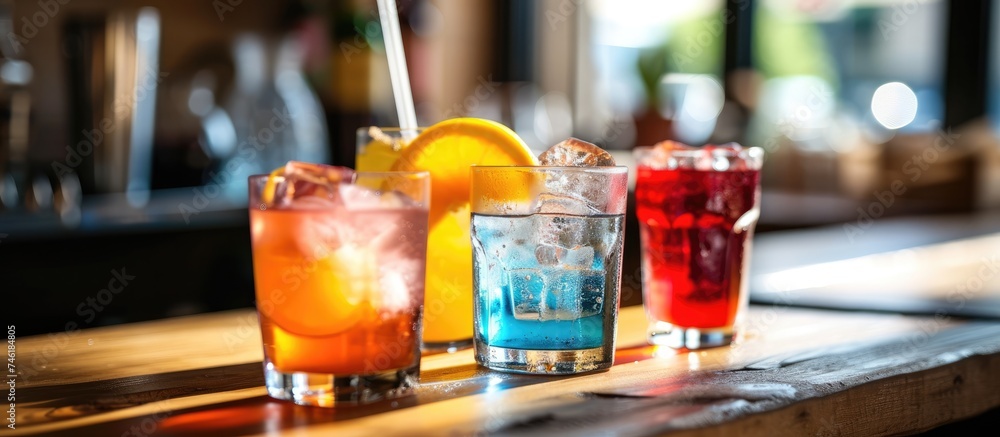 A row of glasses filled with different colored drinks, including water, soft drinks, alcohol, and nectar, arranged on a wooden table. A row of glasses filled with different colored drinks, including water, soft drinks, alcohol, and nectar, arranged on a wooden table.